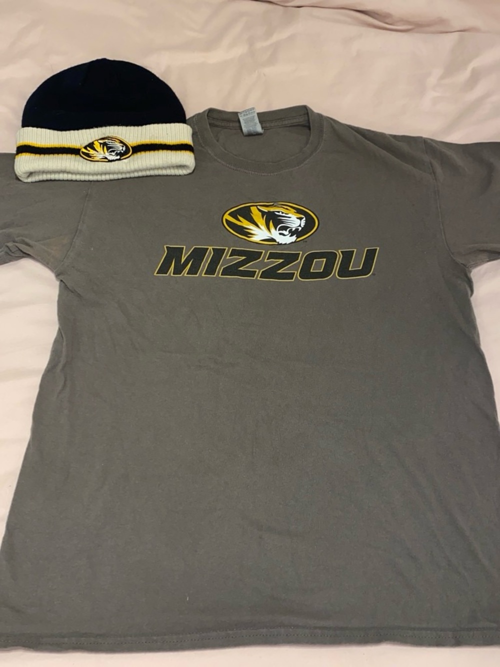 Mizzou Striped Knit Beanie and T shirt with Logo Tab